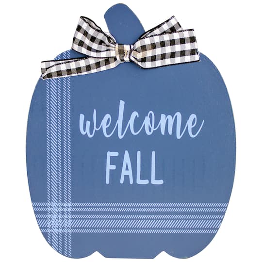 8" Blue & Beige Fall Harvest Wooden Pumpkin Welcome Plaque Set